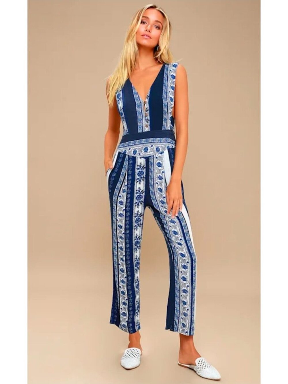 Free People All Shook Up Blue Print Crepe Sleeveless Jumpsuit, Sz 4, NWT